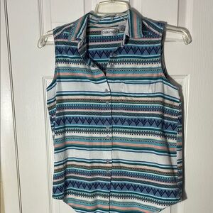 Cabin Creek Y2K sleeveless button up point collar Aztec print shirt cotton LG